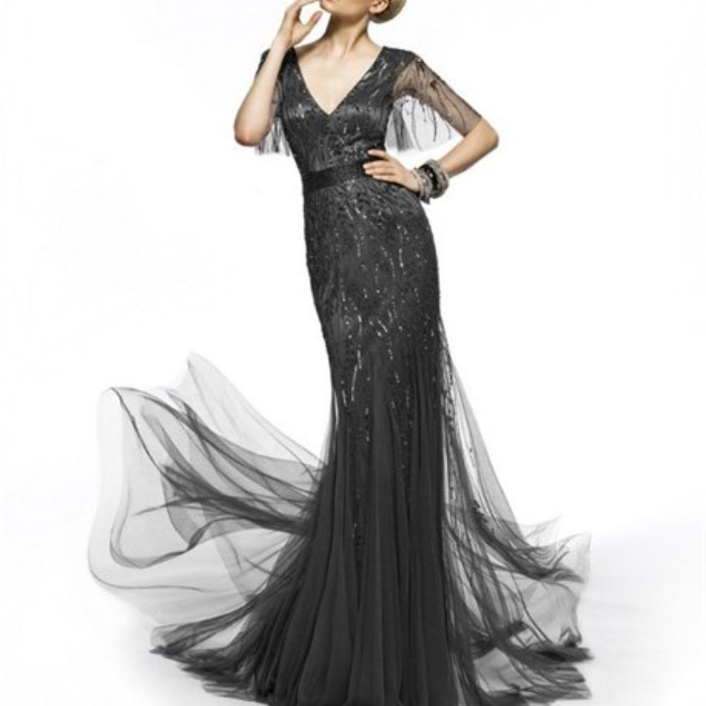 NWT Pronovias Heavily Beaded Silver Tulle Gown